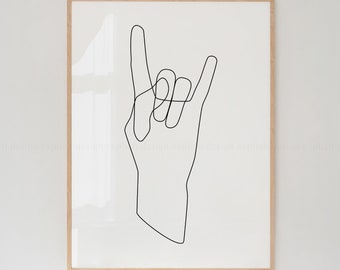 Printable Rock Hand Gesture Line Drawing, Black White Hands Artwork Print, Minimalist Finger Art, Minimal Arm / Wrist Illustration Decor.