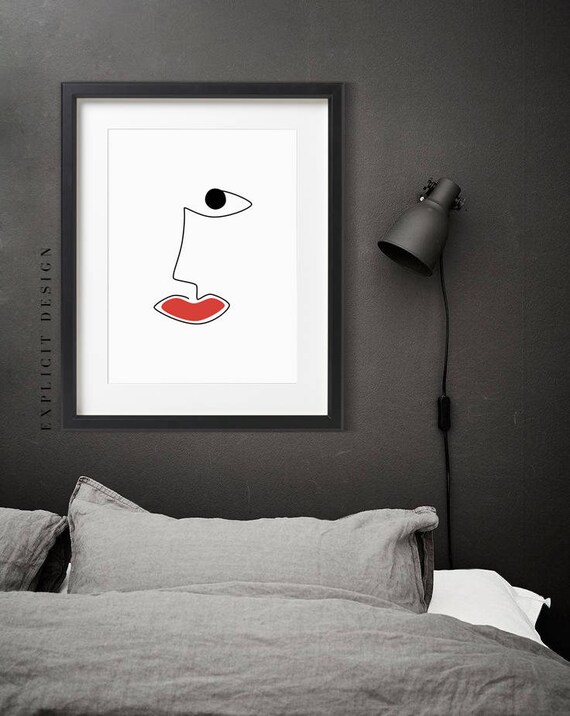 Jedna Linia Twarz Rysunek Druku Abstrakcyjne Brzydkie Piękno Druku Rysunki Graficzne Minimal Plakat Minimalistyczny Wypaczone Sztuki Oka Czerwone