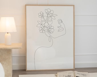 Floral Woman Line Art Print: Minimalist Face Contour (Digital Download)