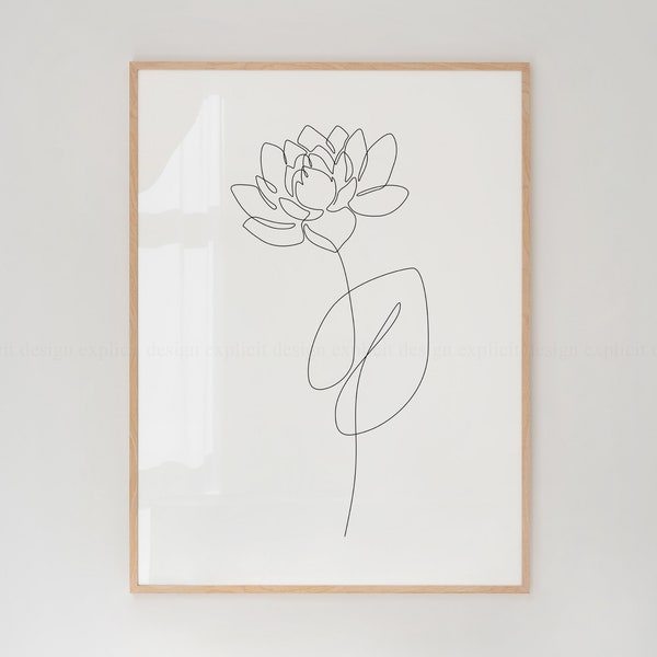 Printable one Line Water Lily Drawing, White and black Blooming lilies Plant Wall Art, Simple Botany Print, Clean Minimalistic Flower Poster