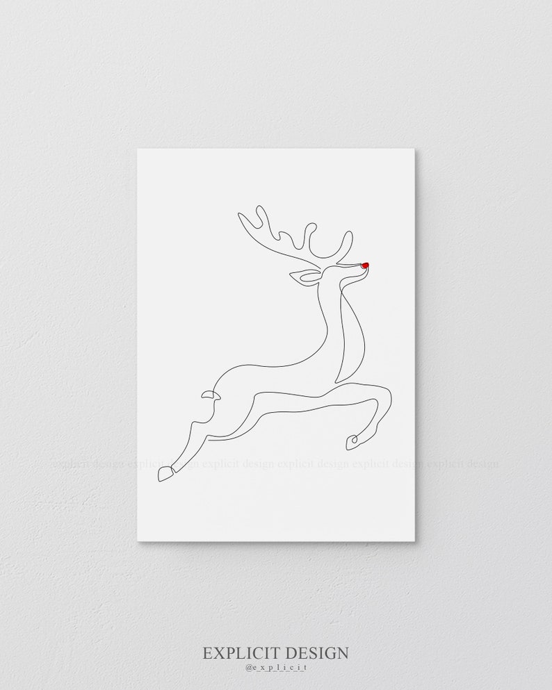 Printable Red Nose Christmas Decoration, Abstract Minimalist Reindeer Drawing, Simple One Line Winter Deer, Modern White Holiday Poster. image 1