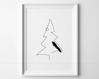 May include: A framed minimalist art print featuring a black line drawing of a Christmas tree with a black brushstroke. The artwork is set against a white background and framed in a white border. The text "EXPLICIT DESIGN" is at the bottom.