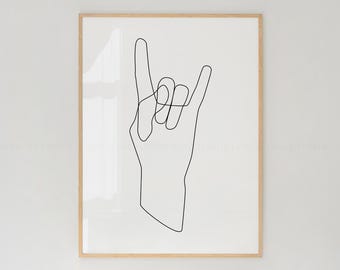 Rock On Hand Gesture Line Art Print: Minimalist Decor (Digital Download)