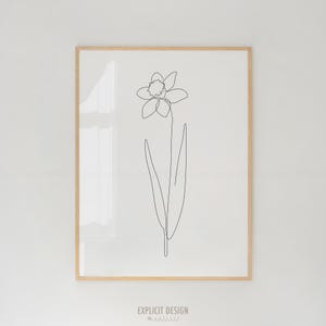 Dibujo de flor de narciso de línea fina imprimible / Impresión de arte de boceto minimalista, póster de contorno de floración primaveral botánica, obra de arte floral sutil.
