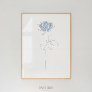 Dibujo de rosa azul pastel imprimible / Impresión floral minimalista abstracta / Arte floral de una sola línea fina / Póster de contorno de naturaleza de naturaleza muerta limpia