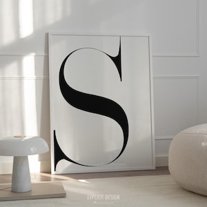 Puede incluir: Un póster en blanco y negro con una letra 'S' estilizada en una fuente moderna. El póster está enmarcado en un marco blanco y está colgado en una pared blanca.