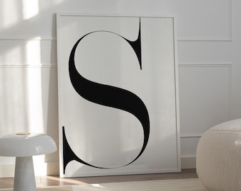 Grote S-letter afdrukbaar, als aanvulling op poster, zwart-witte initialenprint, eenvoudig tafeldecor, digitale download, Scandinavisch wandbord