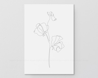 Printable Minimalist One Line Sweet Pea Flower Drawing, Abstract Floral Illustration, Fine Wall Print, Delicate Botanic Bloom Poster.