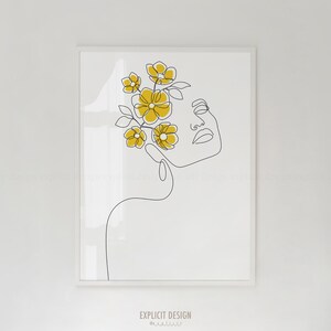 Visage beauté imprimable en fleurs jaune moutarde, dessin de femme en une ligne, affiche de croquis féminin, impression d'illustration portrait de jeune fille minimaliste.