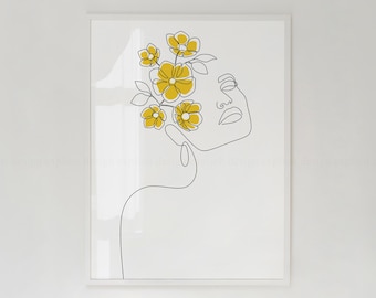Mustard Yellow Flower Woman Line Art Print (Digital Download)