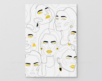 Printable Abstract Mustard Yellow Face Illustration, Minimal Pattern Drawing, Girl Sketch, Colourful Female Portrait, Minimalist Woman Art.