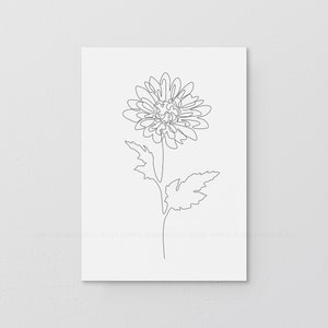 Dessin de fleur de chrysanthème minimaliste minimaliste sur une ligne, illustration artistique florale abstraite, impression de fleurs de printemps, affiche de fleurs botaniques.