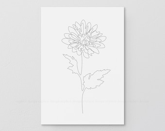 Printable Minimalist One Line Chrysanthemum Flower Drawing, Abstract Floral Illustration Art, Spring Blossom Print, Botanic Bloom Poster.