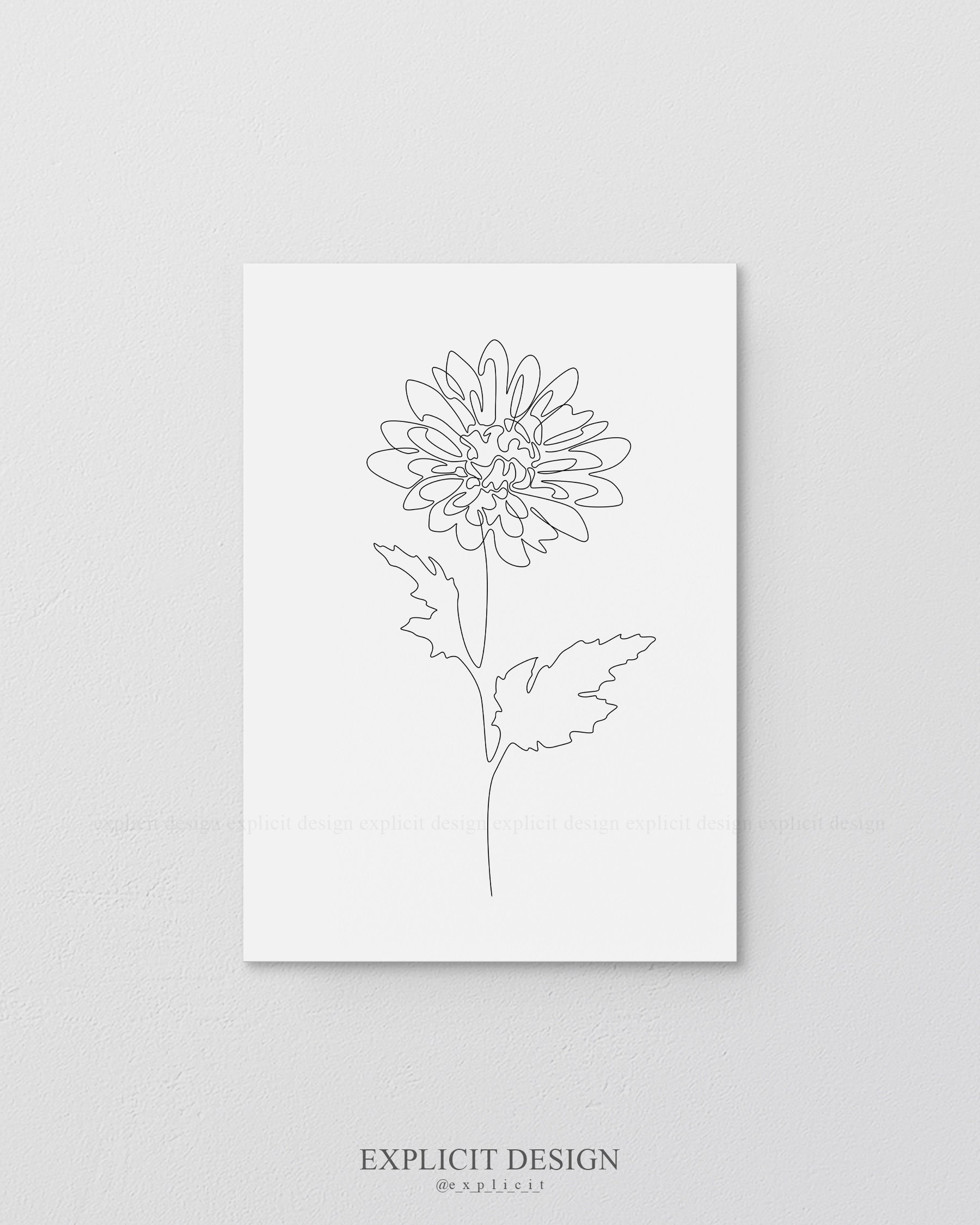 Printable Minimalist One Line Chrysanthemum Flower Drawing, Abstract Floral Illustration Art