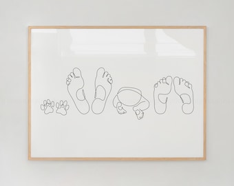 Family Feet Line Art Print: Minimalist Drawing Baby, Dog Paws and Parents (Digital Download)