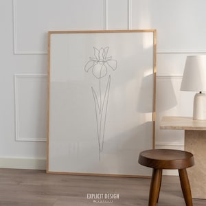 Dibujo de flor de iris de una sola línea fina imprimible / Impresión minimalista de contorno de naturaleza botánica / Arte floral de espacio abierto para interiores modernos