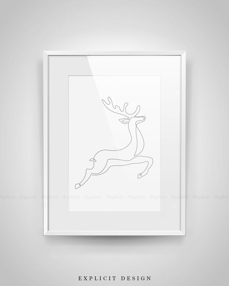 Printable Red Nose Christmas Decoration, Abstract Minimalist Reindeer Drawing, Simple One Line Winter Deer, Modern White Holiday Poster. image 3