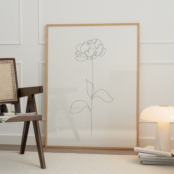 Disegno floreale di peonia minimalista stampabile su una riga, illustrazione floreale astratta, stampa di fiori primaverili, poster di delicata fioritura botanica.