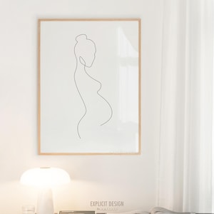 Wydrukowalny rysunek konturu cienkiej linii brzuszka dziecka | Minimalistyczny zarys sztuki kobiety w ciąży | Uproszczony wydruk sylwetki ciąży na baby shower