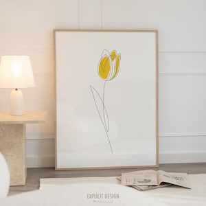 Dessin de tulipe en une ligne imprimable, art minimaliste abstrait, impression de printemps jaune, impressions murales de fleurs, affiche botanique, oeuvre d'art de lignes subtiles.
