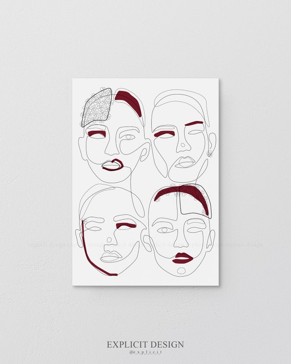 Printable Female Face Illustration Feminine Bordo Line Contour