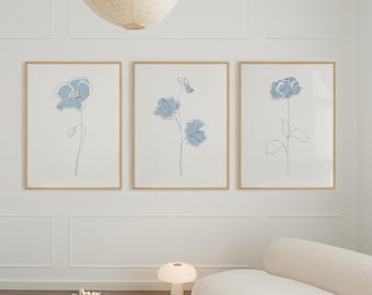 Pastel Blue Flower Line Art Prints: Poppy, Peony, Sweet Pea (Digital Download)