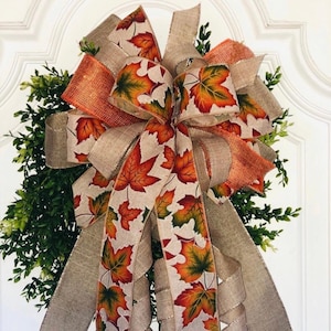 Fall Leaves Wreath Bow: Handmade Rustic Autumn Decor Thanksgiving Bow Wreath Bow Mailbox Bow Lantern Bow