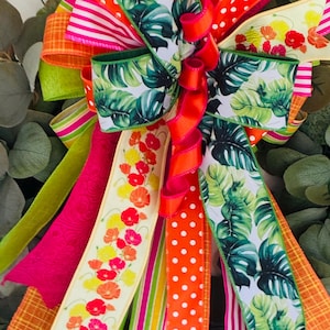 Tropical Bow Summer Lantern Bow, Poppy Mailbox Decor Floral Wreath Bow, Spring Bow Orange Bow Pink Gift Bow