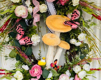 Pink Butterfly Wreath Roses Grapevine Front Door Decor Mushroom Wreath  Farmhouse Boho Wreath Pink Wreath Birthday Gift for Mom