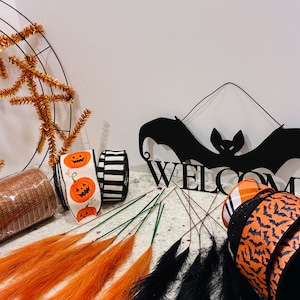 Halloween Wreath Kit: Gothic Bat, Designer Ribbon, Primitive DIY Decor