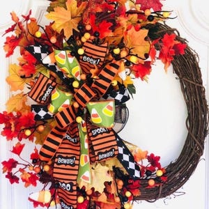 Candy Corn Halloween Wreath – Halloween Grapevine Wreath Halloween Candy Wreath Fall Wreath Farmhouse Halloween Decor