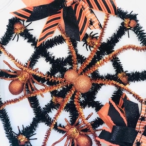 Halloween Spider Door Hanger – Giant Orange and Black Spider with Baby Spiders on Web – Creepy Cute Halloween Wreath – Front Door Decor
