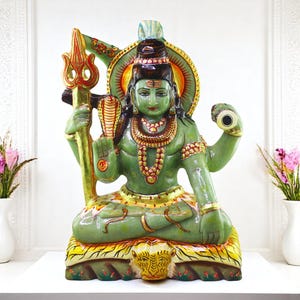 Top Quality Green Jade Carved Lord Shiva Statue Painted With Real 22 Carat Gold Foil Work | Shiva Idol | Shiva Sculpture | Shiva Figure