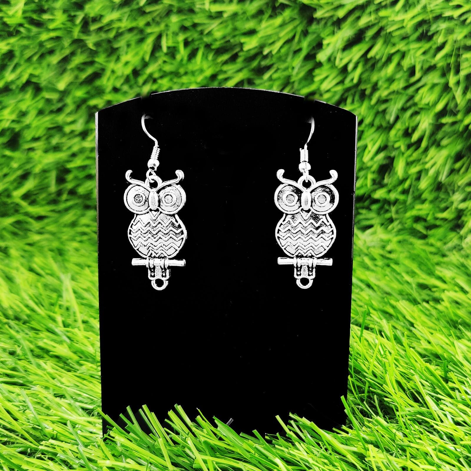 Owl Earrings Oxidized German Silver/ Bird Charm Statement/ Drop Jewelry Gift/ Silver Color Gothic Ea
