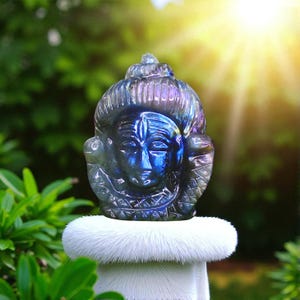 Natural Handmade Labradorite Gemstone Lord Shiva Head Figure | Statue | Sculpture | Crystal Carving | Art Deco | Home Decor | Garden Decor