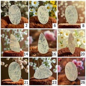 May include: Various shapes of dendritic agate gemstones. The stones are light beige with dark grey fern-like inclusions. Each stone is displayed on a brown, textured surface with a floral background. The shapes include oval, teardrop, and triangular.