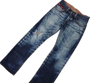 Vintage 90er Jahre Edwin Tribal Denim Jeans, Faded & Distressed (Taille 29)