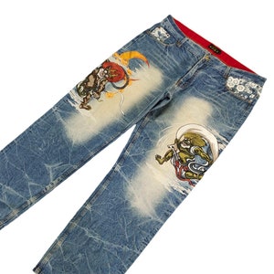 Vintage Y2k Embroidered Denim Jeans: Raijin and Fujin Japanese Art (Waist 40)