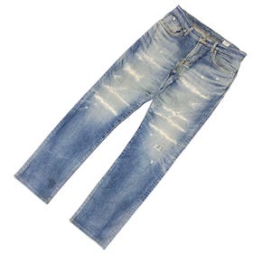 May include: Light blue denim jeans with distressed detailing. The jeans have a classic five-pocket design, a button and zipper closure, and a straight leg fit. The denim has a faded wash with intentional rips and abrasions.