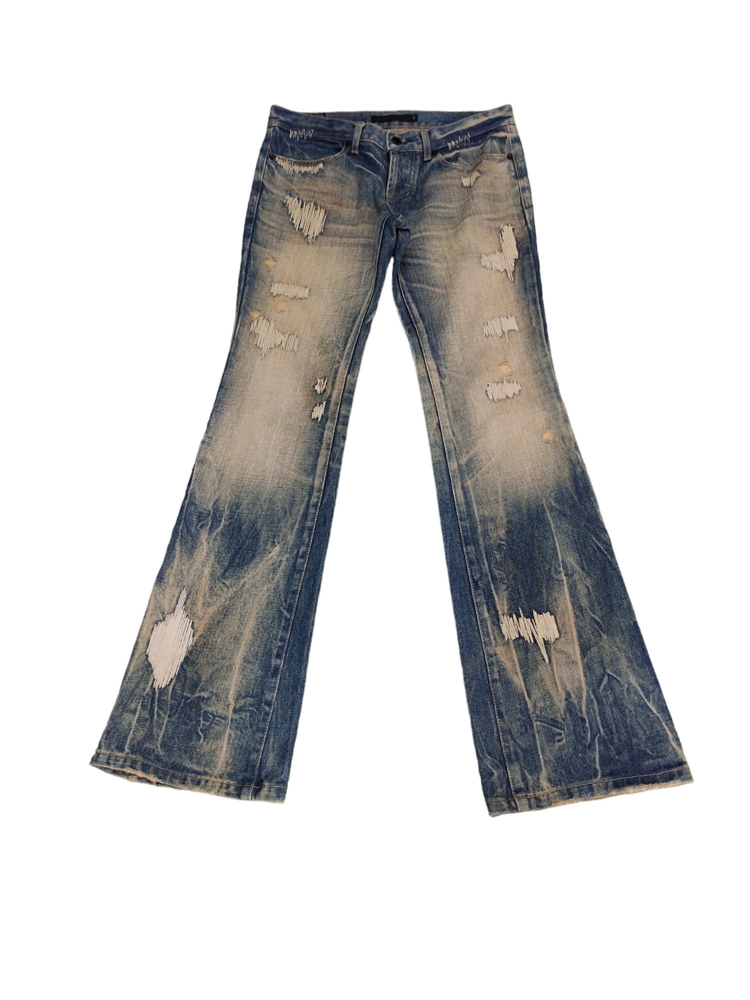 W31x32.5 Flare Jeans Fuga Boro Sew Distress Faded Denim W31x32.5 Flare Jeans Fuga Boro Sew Distress Faded Denim