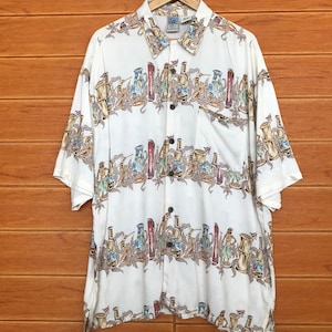 Vintage 90s GOTCHA SPORT Rayon Panel Print Hawaiian Shirt / Aloha Wear / Rockabilly Shirt / Surfing Shirt / Beach / Party / Size XL