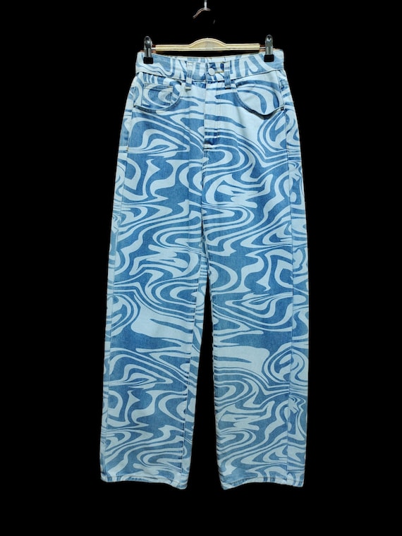 Vintage Seigaiha Wave Denim Pants - Fullprint Japan Motif (w27x31
