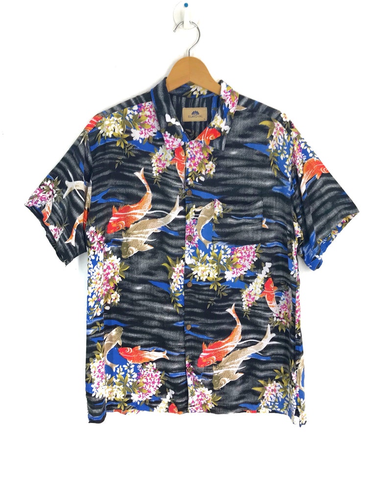 Rare Vintage Japanese Hawaiian EUROYAL Koi Kap Fish 100/% Rayon Shirt aloha summer rockabilly sun surf Japanese Traditional