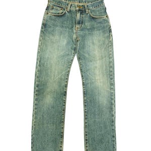 May include: Light blue denim jeans with a classic five-pocket design. The jeans have a faded wash and a straight leg cut. The image shows the jeans laid flat against a white background, showcasing the details of the stitching and the overall style.