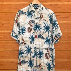 Vintage 90s CROFT & BARROW Rayon Hula Girls Oversize Hawaiian Shirt / Aloha Wear / Rockabilly Shirt / Surfing Shirt / Beach / Party / Size S