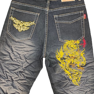 W30x28 Sukajan Jeans Dermson Dragon Embroidered Denim Jean Y2k Streetwear karakuri Tamashi Waist 30