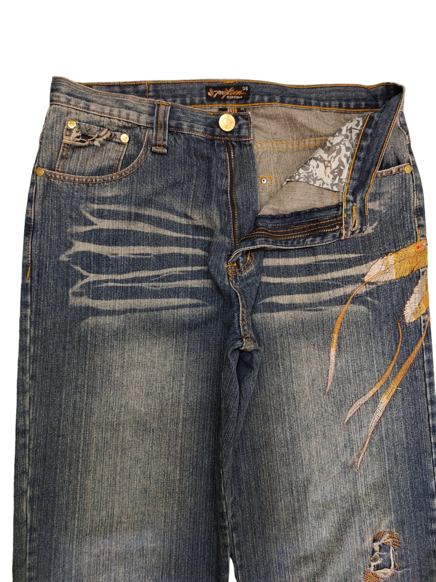 W36x31 Baggy Jeans Miskeen Embroidered Skull Denim Wide Leg