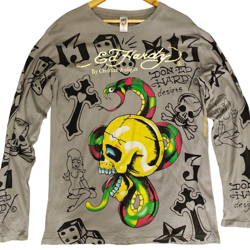 Vintage Ed Hardy Fullprint Longsleeve T-shirt: Skull Tattoo Design