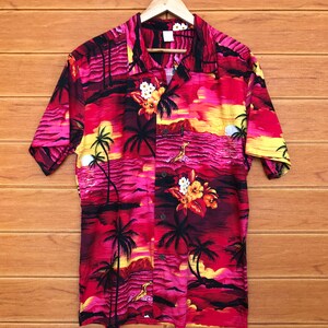 Vintage Palmwave Hawaii Scenic View Printed Hawaiian Shirt / Aloha Wear / Rockabilly / Surfing / Tropical / Summer Beach / Size L