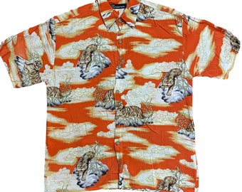 Vintage 90er Jahre Tiger Hawaiihemd: Japanisches Motiv Aloha Wear